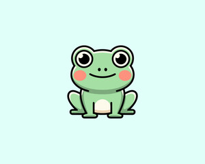 Cute Green Cartoon Frog Sitting on Light Blue Background, Vector Illustration