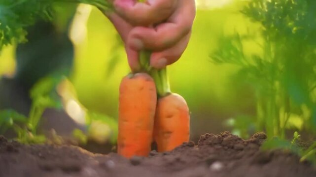 4K close-up shot of a farmer's hand pulling fresh carrots from the soil, capturing harvest moment, root vegetable growth, and the connection between farming and organic food supply

