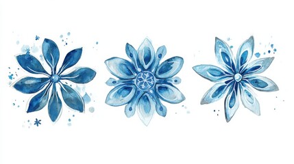 Obraz premium A delightful watercolor illustration of three blue snowflakes, each with a unique design. Perfect for holiday decorations, cards, and seasonal prints, adding a cool winter touch to any festive projec