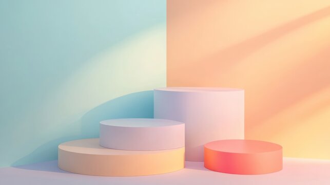 Pastel colored 3D product display podiums, soft light, studio shot, ideal for e-commerce