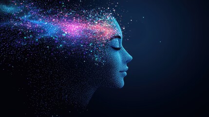 Holographic ai face emerging from digital particles virtual space visual art futuristic environment side view digital innovation