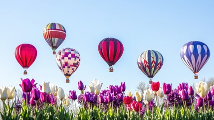 Naklejka premium Colorful Hot Air Balloons Above Vibrant Tulip Flowers in Spring