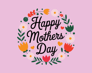 Obraz premium Floral wreath Happy Mother's Day card design on pink background for celebration