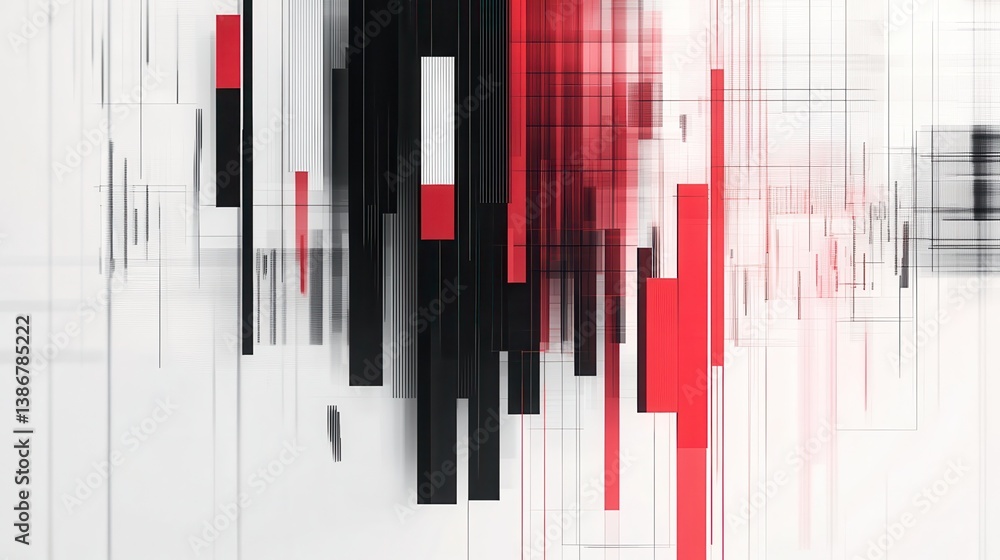 Poster abstract representation of bar graphs in red, black, and white colors on a minimalistic background i