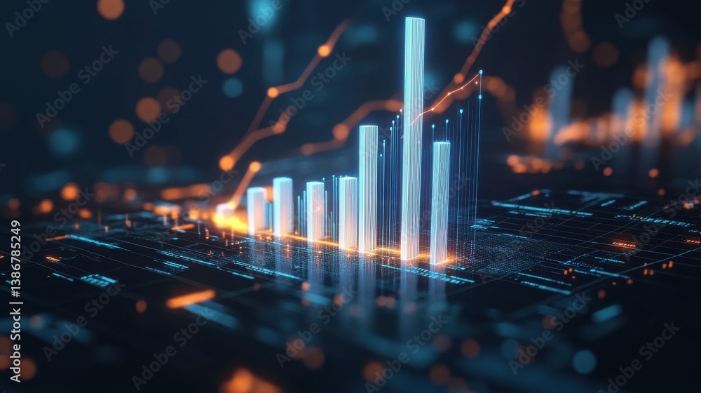 Poster a white 3d bar graph rising upward, an arrow pointing upward with glowing lines. surrounding the gra