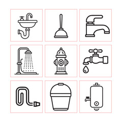 Essential Plumbing Icon Set – Water Taps, Pipes, Tools & Fixtures Line Art Collection