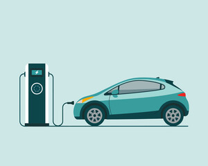 Electric car charging at station, eco-friendly vehicle illustration
