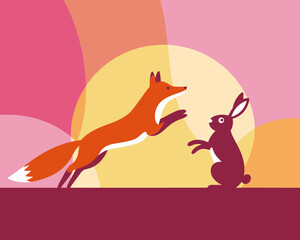 Obraz premium Cartoon Fox Leaping Towards Rabbit on Colorful Graphic Background
