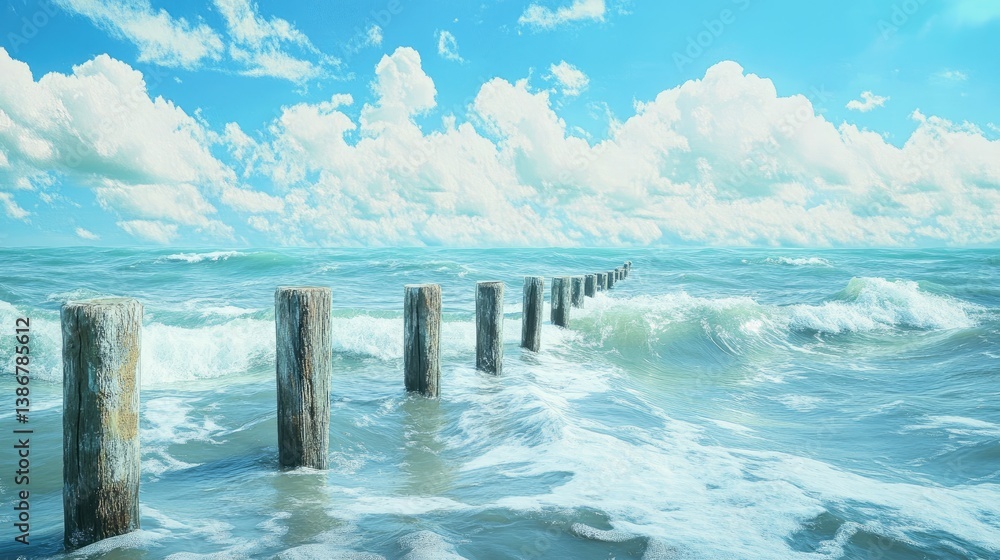 Poster wooden pilings extending into the ocean, surrounded by flowing waves under a bright blue sky with sc