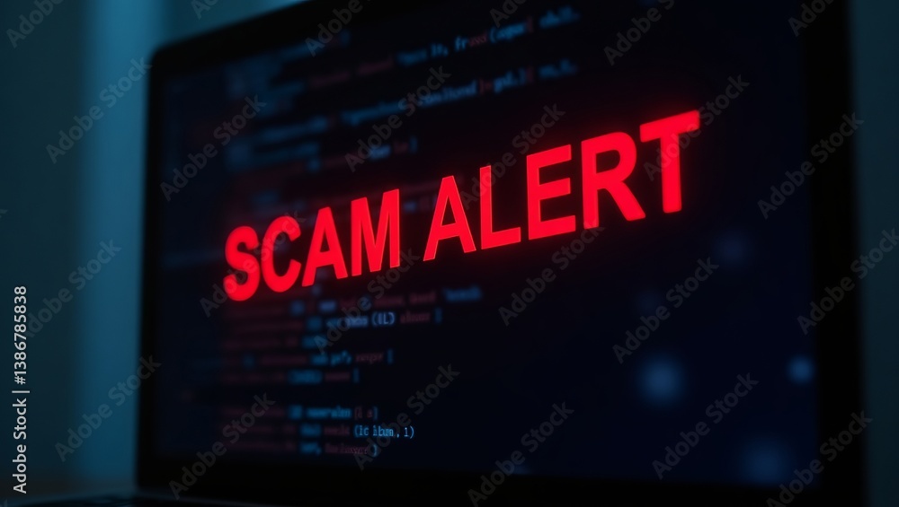 Poster close-up of a laptop screen displaying a bold 'scam alert' message in red, emphasizing digital secur