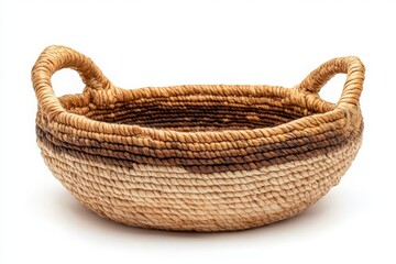 Woven Basket with Handles on White Background for Home Decor or Storage Use