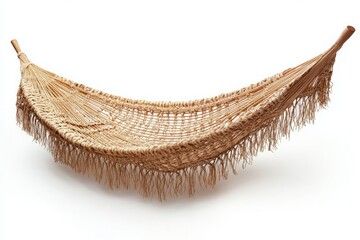 Woven Hammock with Fringed Edges Perfect for Relaxation and Outdoor Decor, Set Against a Crisp White Background for a Serene and Inviting Atmosphere.