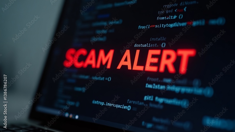 Poster close-up of a laptop screen displaying a 'scam alert' message in bright red, amidst a backdrop of co