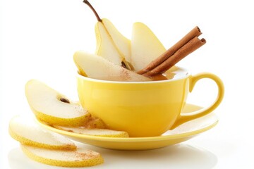 Yellow Cup with Pear Slices and Cinnamon Sticks on a Saucer A Cozy Autumn Beverage Presentation Perfect for Inviting Warmth and Flavor into Your Home.
