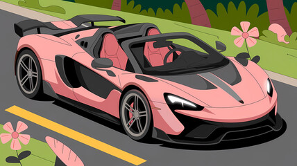 Cute Illustration of a Pink Supercar with Black Wheels Parked Near Flowers in a Green Forest
