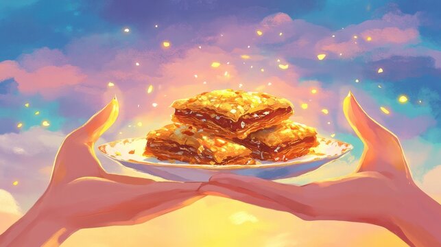 plate of traditional persian baklava with nuts and honey offered by hands against glowing sky, festive nowruz dessert with symbolic meaning illustration