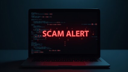 A laptop screen displays a bright red 'SCAM ALERT' message against a dark, digital background, conveying a sense of urgency.