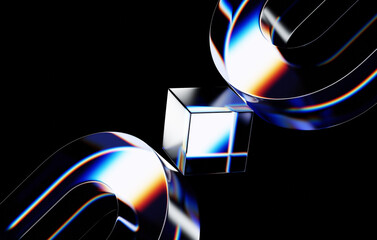 Geometric glass on black background, Beautiful Dispersion effect, Abstract background, 3d render