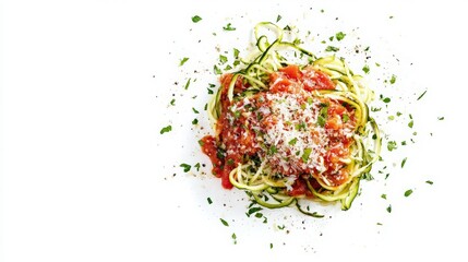 Zucchini Noodles with Fresh Tomato Sauce and Aromatic Herbs on a Clean White Background for Healthy Eating and Culinary Inspiration