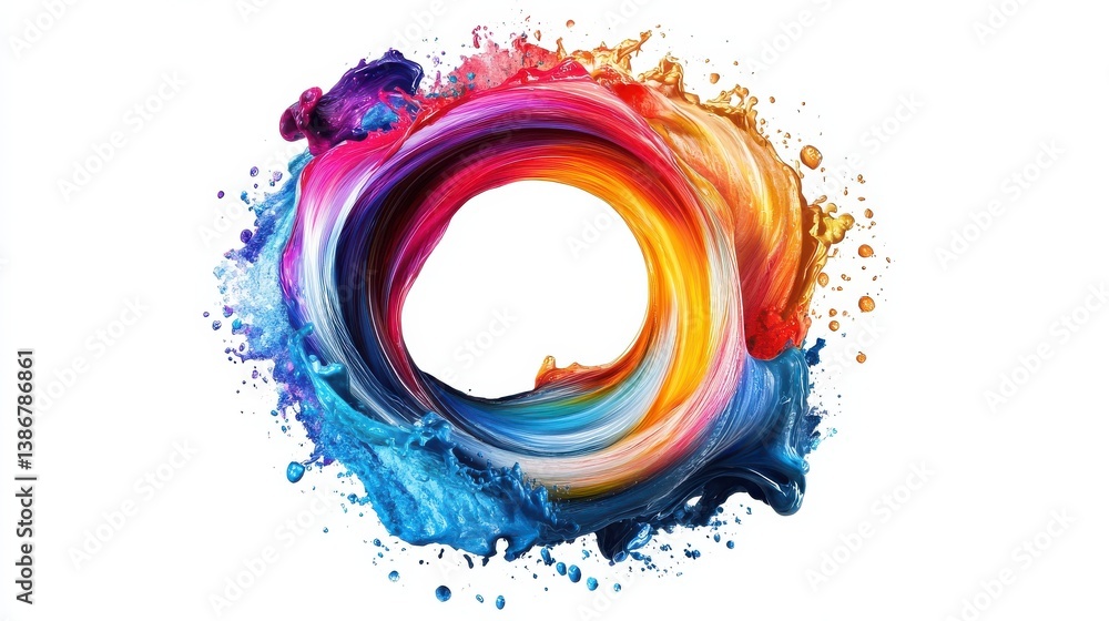 Poster abstract circle liquid motion flow explosion. curved wave colorful pattern with paint drops on white