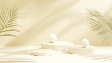 Minimalist cream podiums with tropical shadows