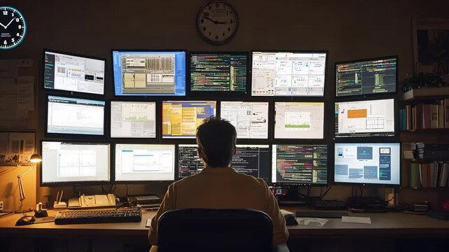 Person working late at night in front of many computer screens displaying complex data. Image depicts dedication, hard work, and modern technology.