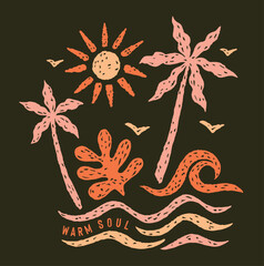Stylized illustration of tropical and coastal elements.