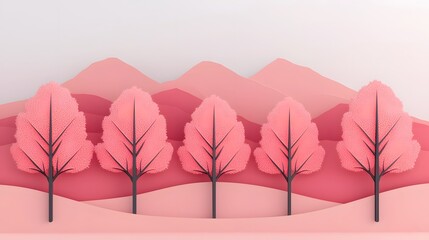 Abstract Geometric Landscape with Pink Mountains and Trees