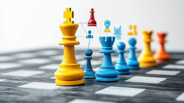 Colorful Chess Pieces with Digital Icons Representing Strategy and Ideas
