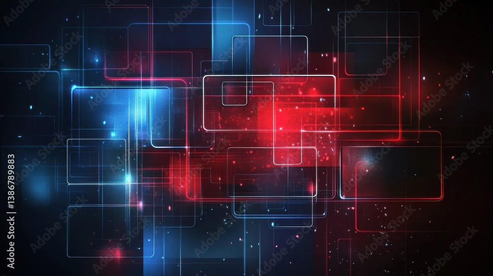 Poster abstract background in red and blue tones with geometric shapes like squares and rectangles illustra