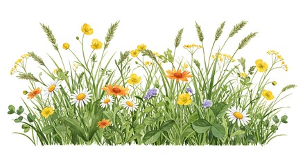 Vibrant Wildflower Meadow Illustration: Springtime Floral Digital Painting AI Generated