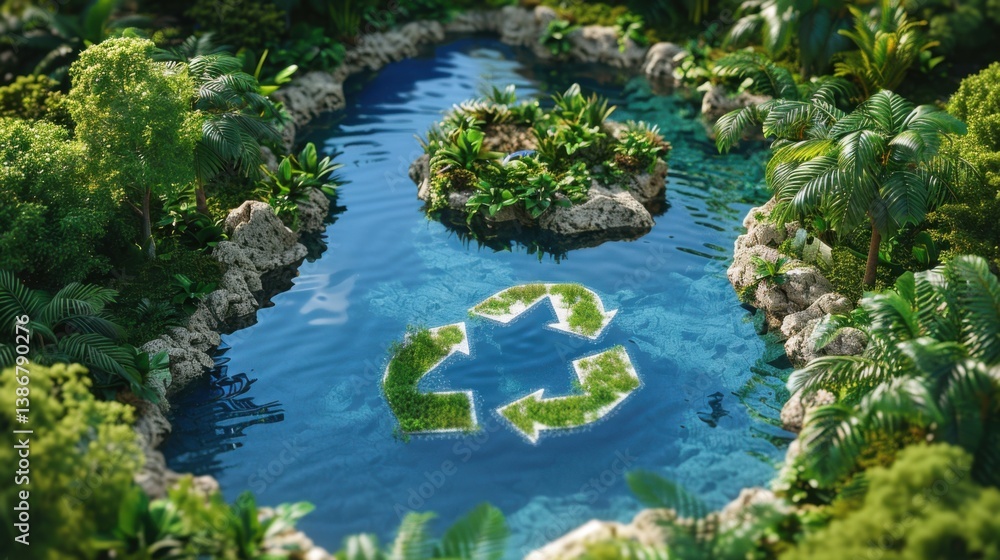 Poster 3d rendering of an abstract icon symbolizing recycling and reuse, with a pond and recycling symbol i