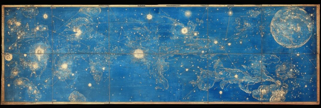 Blue celestial map with stars moon and constellations illustration vintage