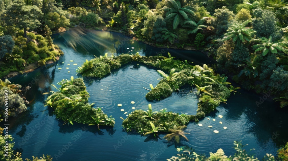 Poster 3d rendering of an abstract icon symbolizing recycling and reuse, with a pond and recycling symbol i