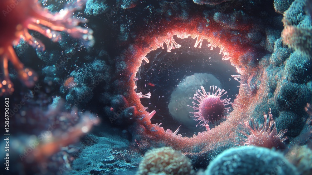 Poster microscopic view of cells with a red ring around one