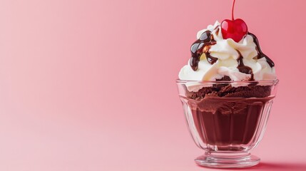 A classic chocolate sundae with whipped cream and cherry. Featuring indulgence and sweetness