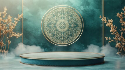 Nowruz product display background podium, Celestial Persian Elegance, intricate Persian calligraphy golden astrological symbols, Zoroastrian, cosmic significance of Nowruz, ad, podium platform illust