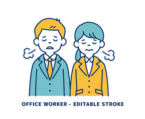疲れた顔でため息をつく、若い男女の会社員のベクターイラスト素材＿＿線の編集可能