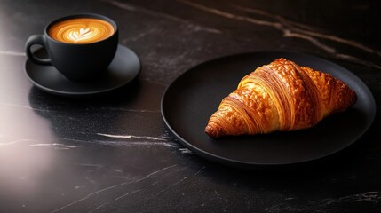A classic croissant with a golden-brown, flaky texture, served with a cup of espresso. Featuring simplicity and indulgence