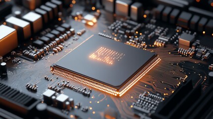 A closeup view of a CPU chip on a motherboard with glowing circuits