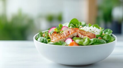 Healthy bowl with grilled fish, rice, and vegetables