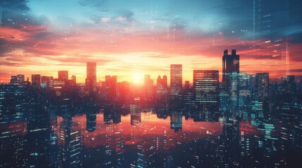 Obraz premium City Skyline Reflection at Sunset Vibrant Orange and Purple Hues