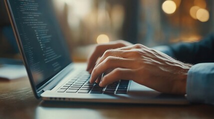 Close up of Hands Typing Code on Silver Laptop in Warm Light