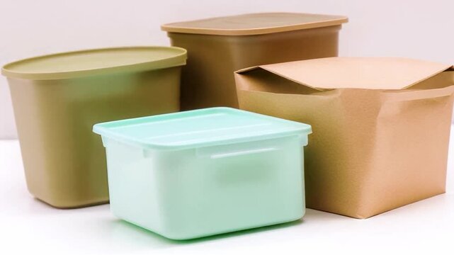 4K close-up of eco-friendly food containers made of biodegradable and recyclable materials, showcasing sustainable packaging solutions for delivery, storage, and environmental safety

