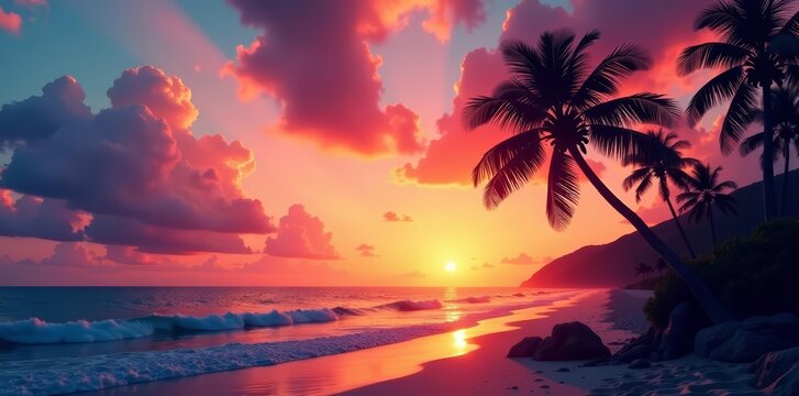 Scenic ocean view with palm trees silhouettes at sunset, sea, scenic