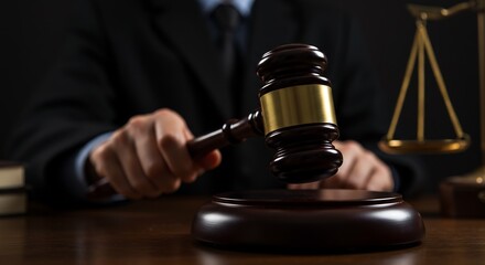 Close-up of a Judge's Hand Holding a Gavel in a Courtroom Setting, with Scales of Justice in the Background