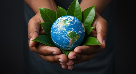 Protecting Our Planet: Person Carefully Holding Earth Globe Nestled in Lush Green Leaves
