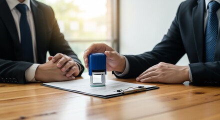 Two Businessmen in Suits Sign a Legal Document Using a Blue Rubber Stamp at a Wooden Desk