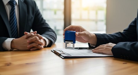Businesspeople Working Together at Office Desk, Stamping Important Document, Close-up Shot