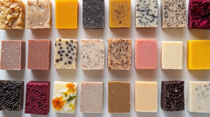 Colorful Artisan Soaps Arranged in Rows on White Background
